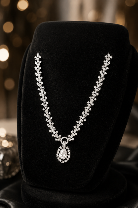 Zulekha Moon Halo Diamond Set – silver white American Diamond necklace and earring set