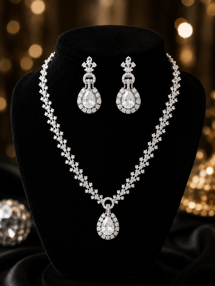 Zulekha Moon Halo Diamond Set – silver white American Diamond necklace and earring set