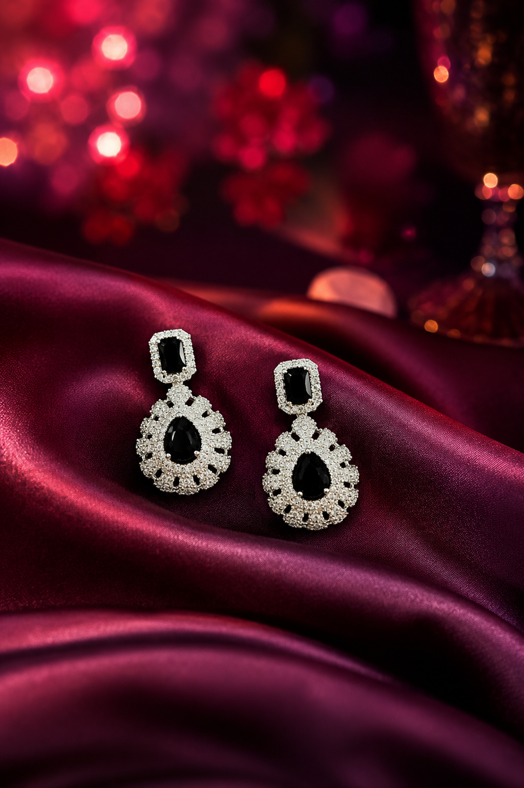 Zulekha Noir Dewdrop Diamond Set – black American Diamond necklace and earring set