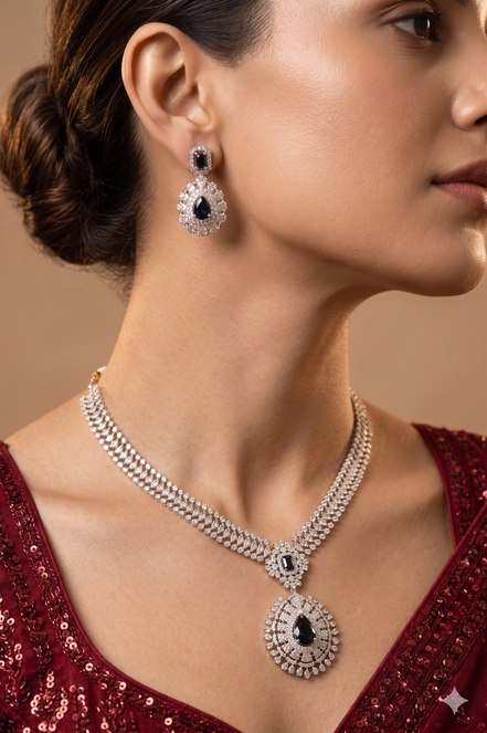 Zulekha Noir Dewdrop Diamond Set – black American Diamond necklace and earring set