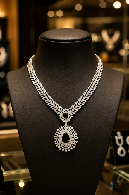Zulekha Noir Dewdrop Diamond Set – black American Diamond necklace and earring set