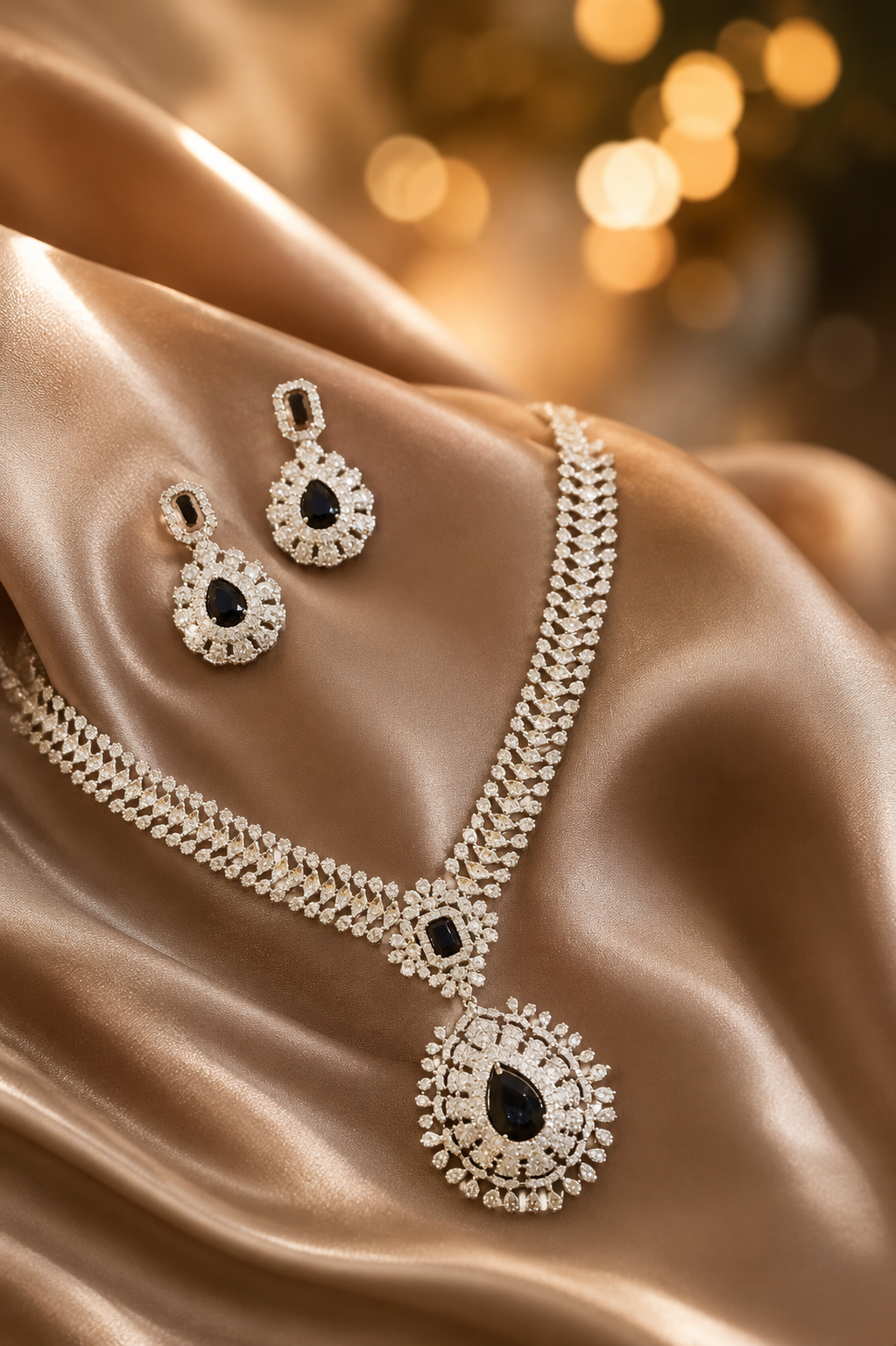 Zulekha Noir Dewdrop Diamond Set – black American Diamond necklace and earring set