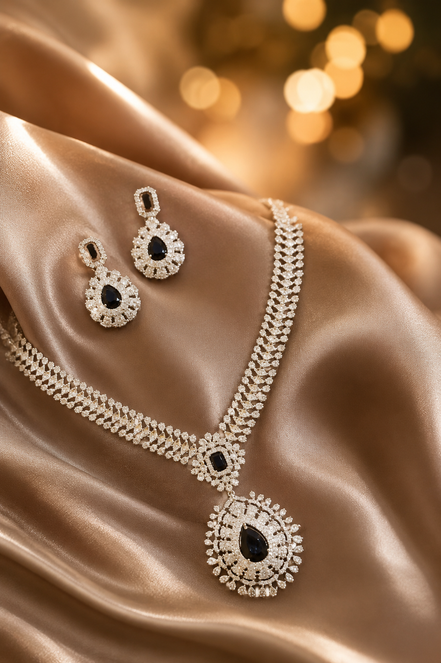 Zulekha Noir Dewdrop Diamond Set – black American Diamond necklace and earring set