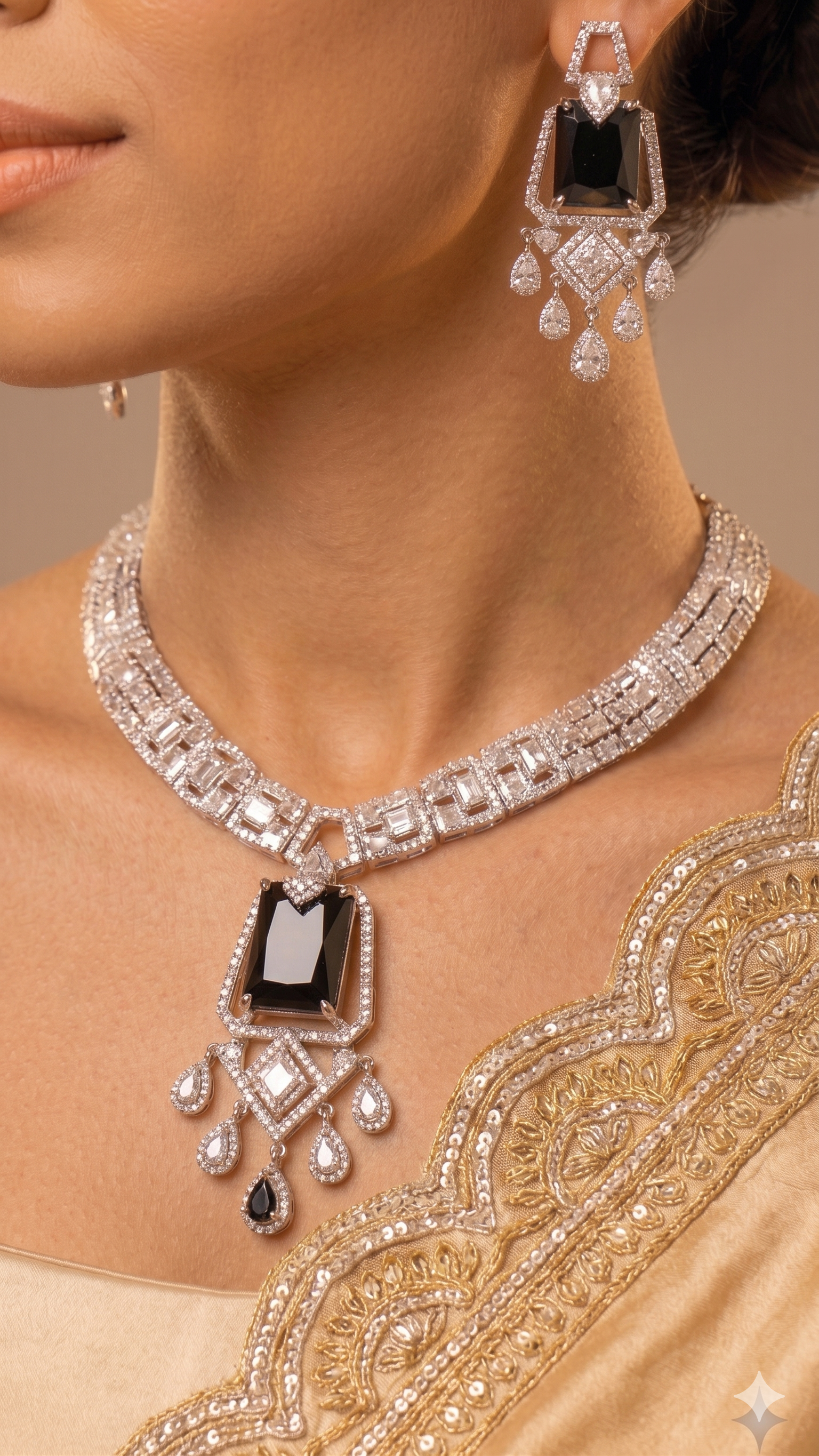 Zulekha Noir Regent Diamond Set – black American Diamond necklace and earring set