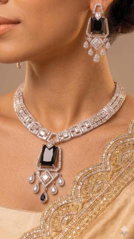 Zulekha Noir Regent Diamond Set – black American Diamond necklace and earring set