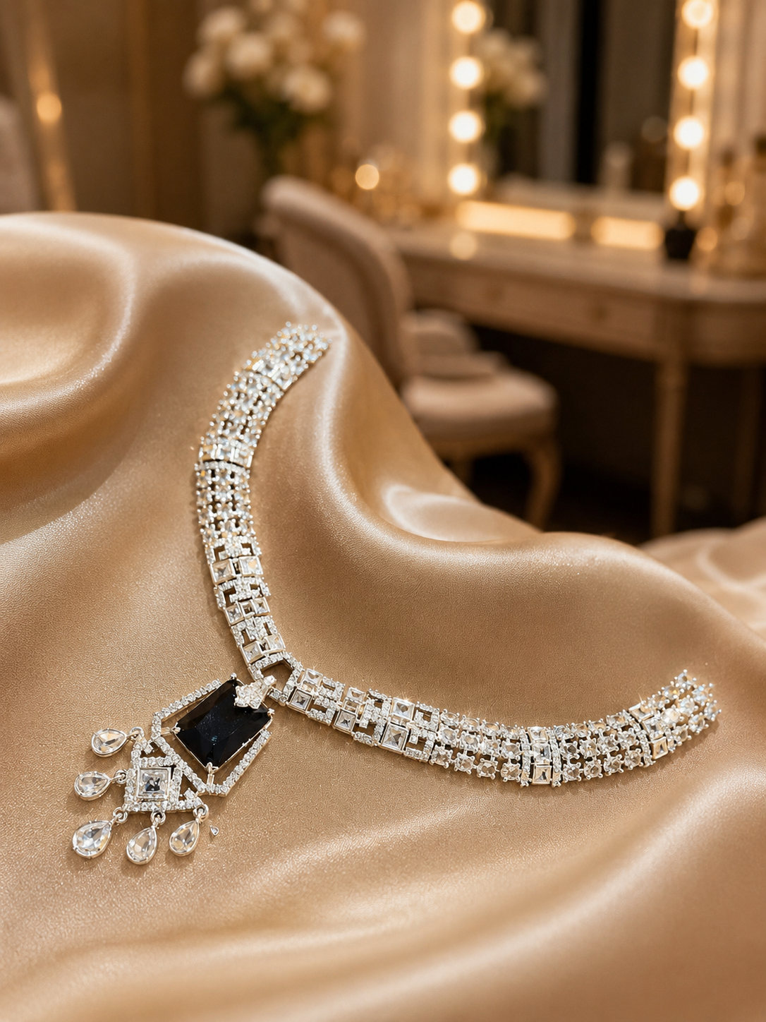 Zulekha Noir Regent Diamond Set – black American Diamond necklace and earring set