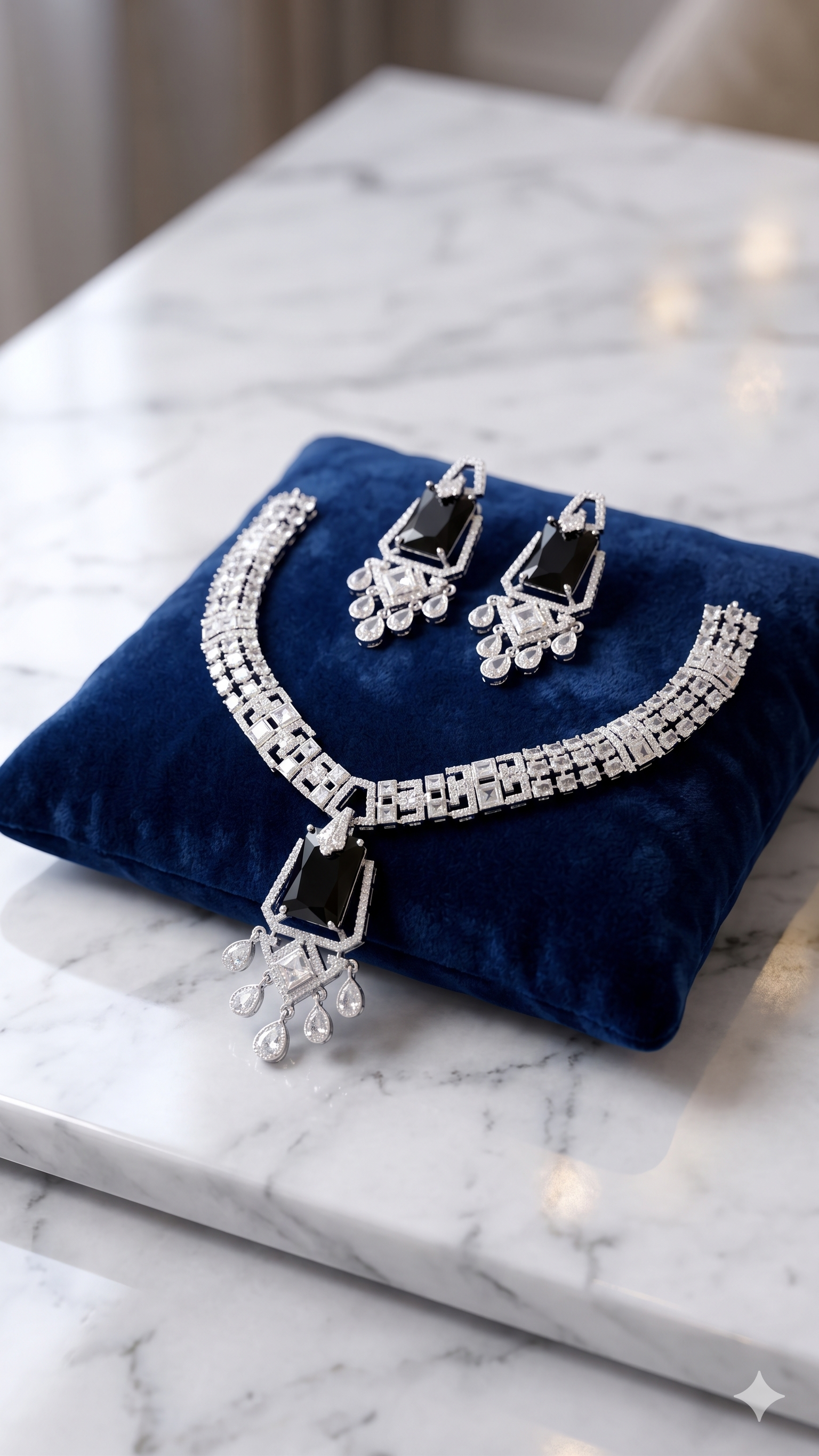 Zulekha Noir Regent Diamond Set – black American Diamond necklace and earring set