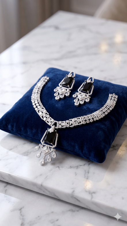Zulekha Noir Regent Diamond Set – black American Diamond necklace and earring set