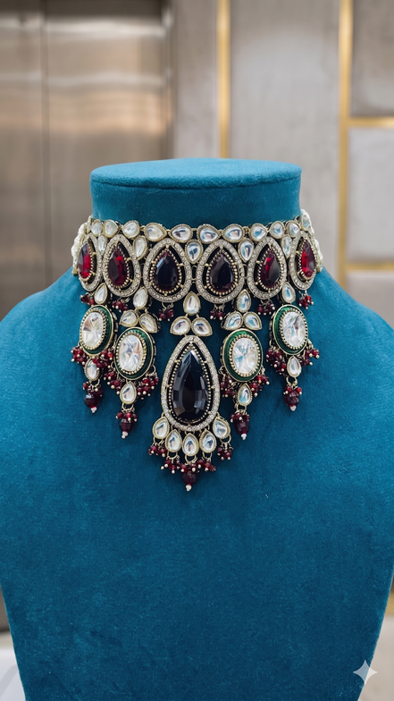 Zulekha Raktima Ratna Jhalar Bridal Set – red jhalar bridal necklace set