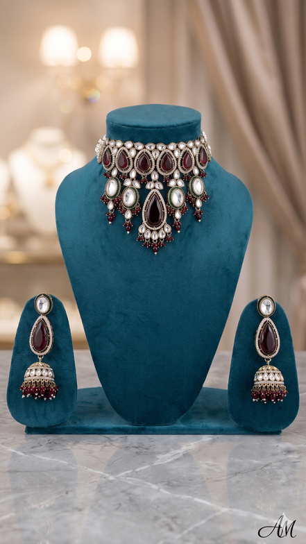 Zulekha Raktima Ratna Jhalar Bridal Set – red jhalar bridal necklace set