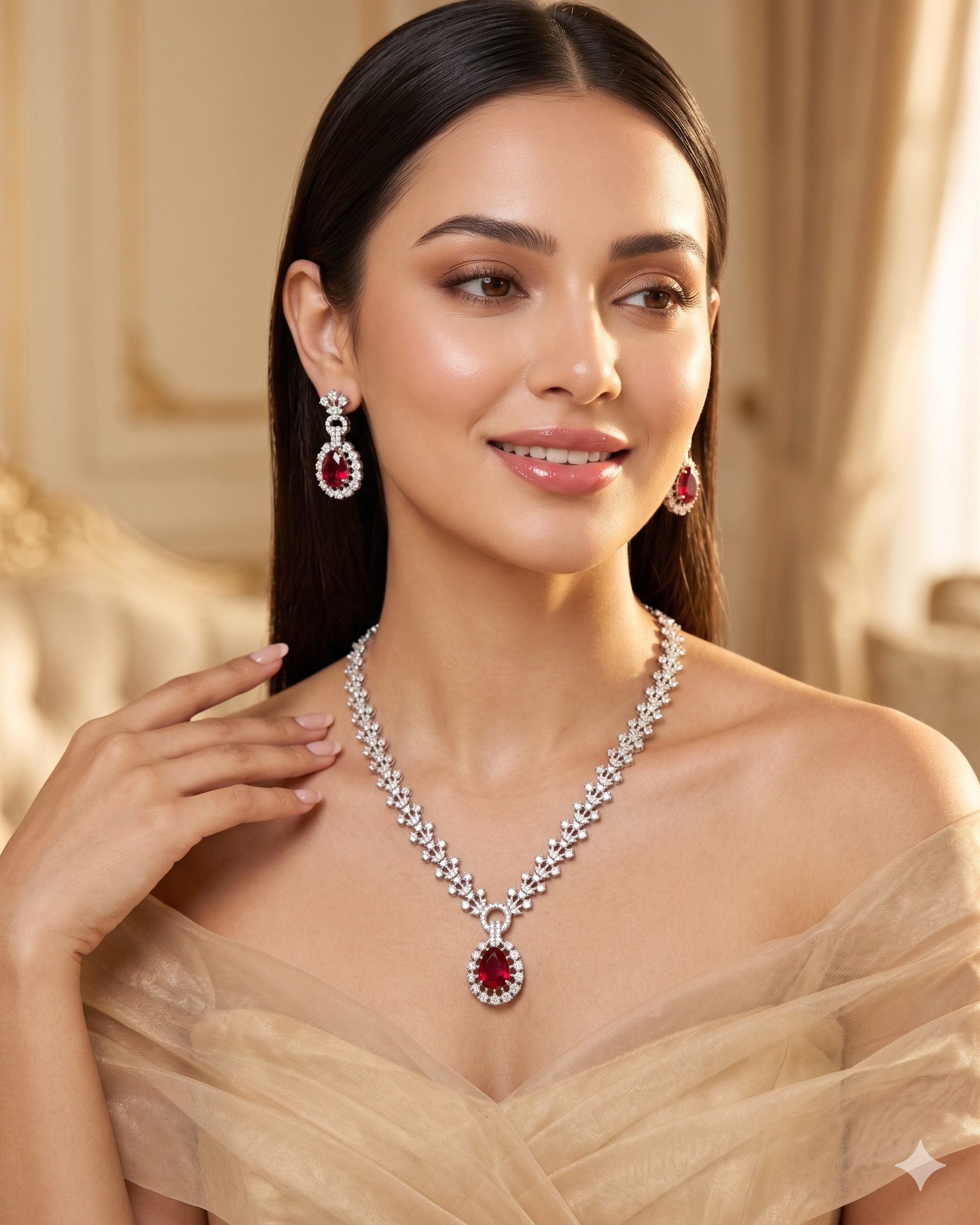 Zulekha Ruby Halo Diamond Set – red ruby American Diamond necklace and earring set
