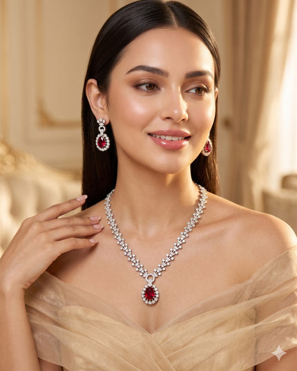 Zulekha Ruby Halo Diamond Set – red ruby American Diamond necklace and earring set