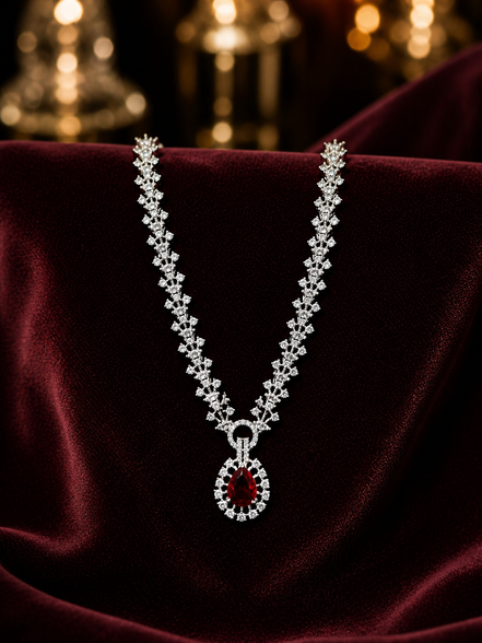 Zulekha Ruby Halo Diamond Set – red ruby American Diamond necklace and earring set