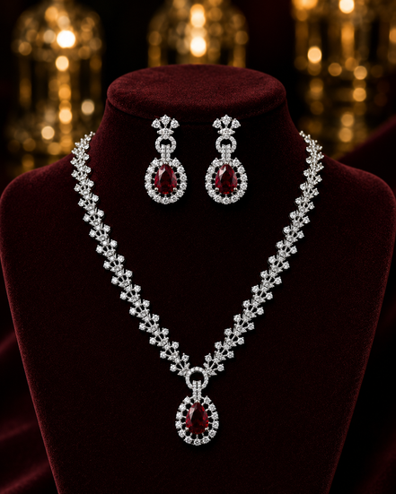 Zulekha Ruby Halo Diamond Set – red ruby American Diamond necklace and earring set