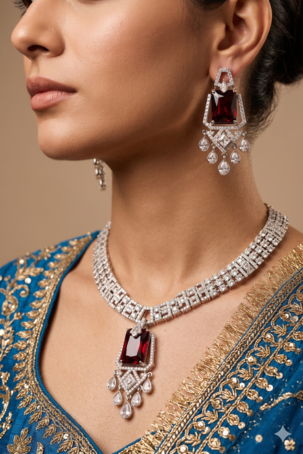 Zulekha Ruby Regent Diamond Set – deep red American Diamond necklace and earring set