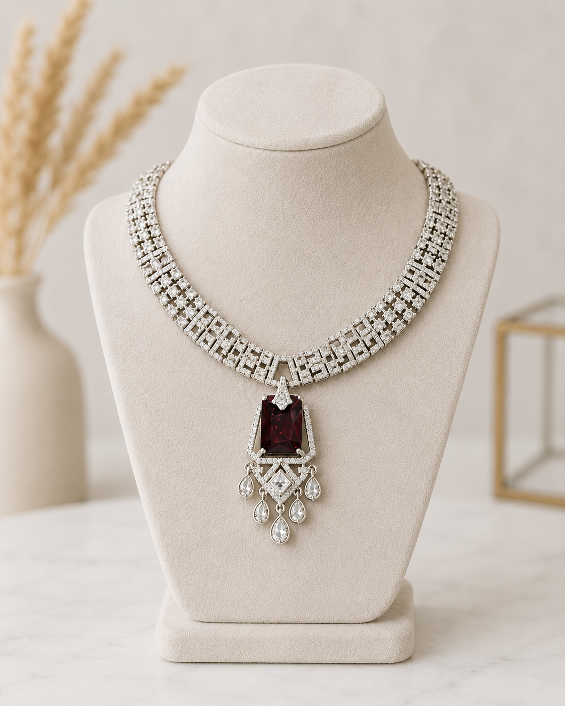 Zulekha Ruby Regent Diamond Set – deep red American Diamond necklace and earring set