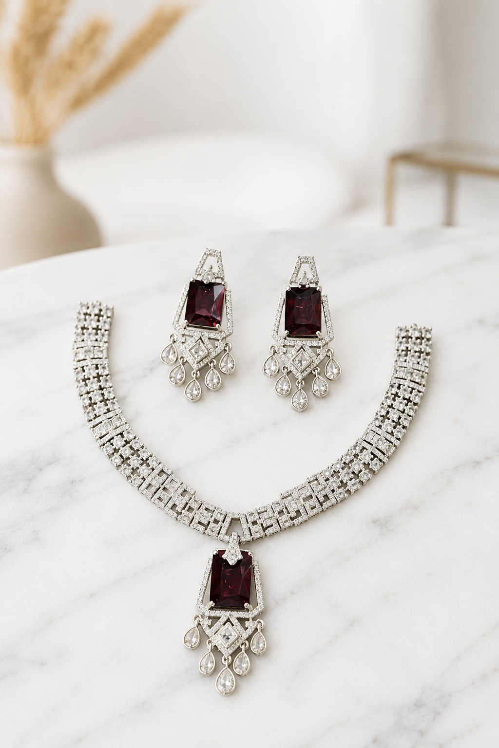Zulekha Ruby Regent Diamond Set – deep red American Diamond necklace and earring set