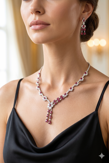Zulekha Ruby Vine Diamond Set – red American Diamond necklace and earring set