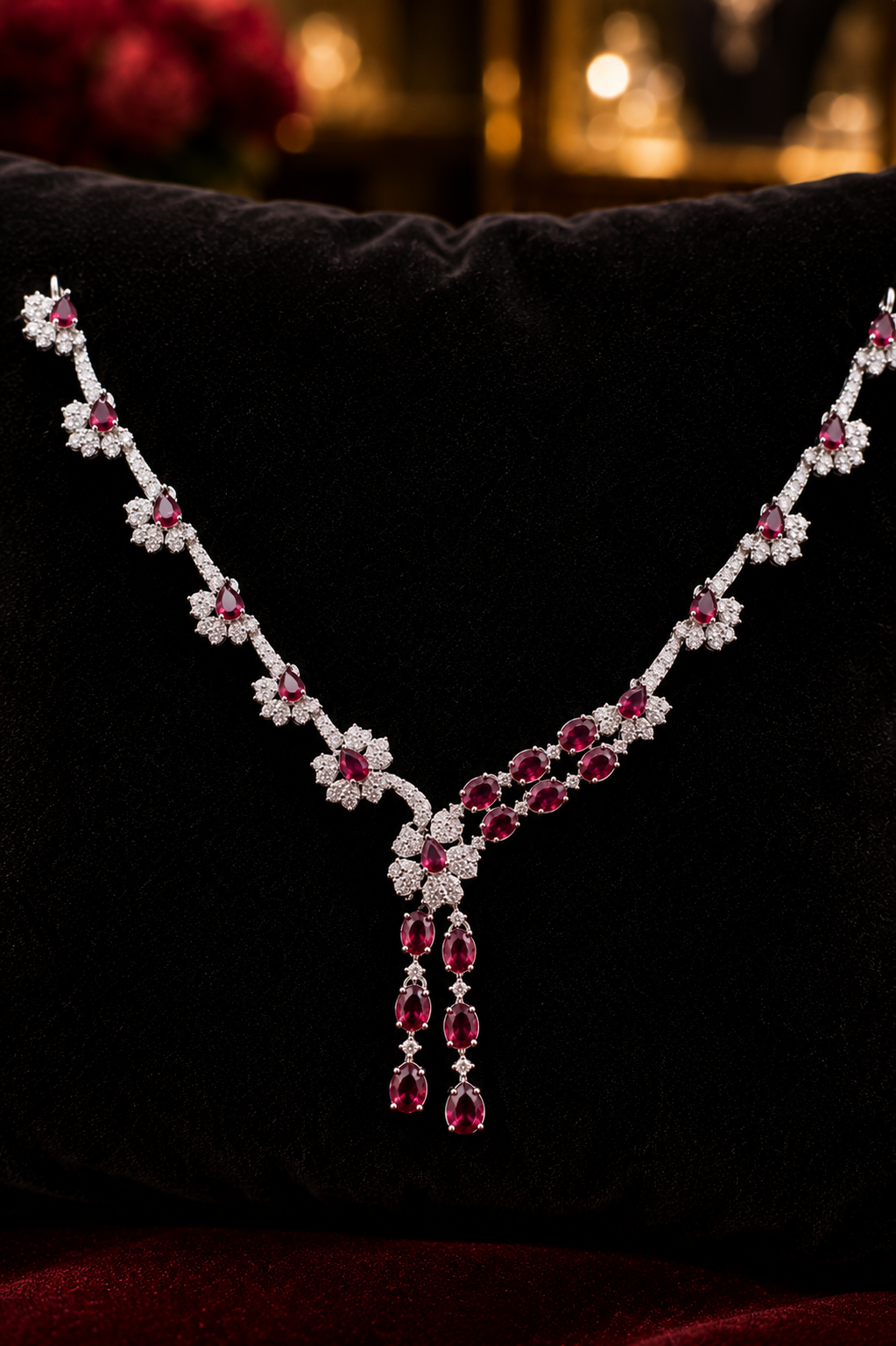 Zulekha Ruby Vine Diamond Set – red American Diamond necklace and earring set