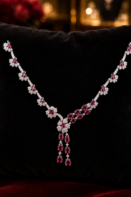 Zulekha Ruby Vine Diamond Set – red American Diamond necklace and earring set
