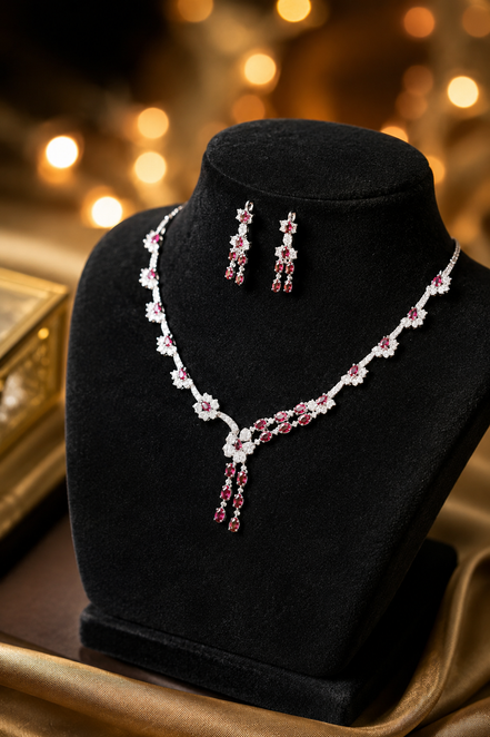 Zulekha Ruby Vine Diamond Set – red American Diamond necklace and earring set