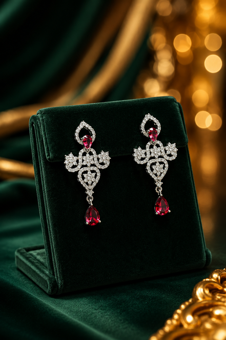 Zulekha Scarlet Lace Diamond Set – scarlet red American Diamond necklace and earring set