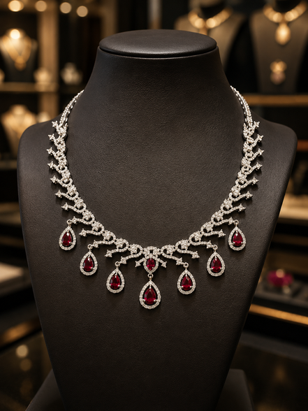 Zulekha Scarlet Lace Diamond Set – scarlet red American Diamond necklace and earring set