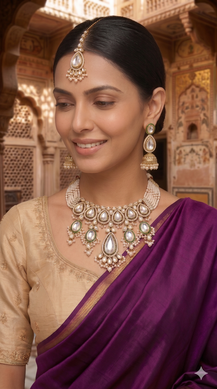 Zulekha Shvet Ratna Jhalar Bridal Set – white stone jhalar bridal necklace set