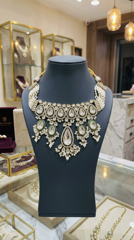 Zulekha Shvet Ratna Jhalar Bridal Set – white stone jhalar bridal necklace set