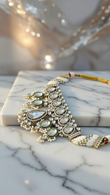Zulekha Shvet Ratna Jhalar Bridal Set – white stone jhalar bridal necklace set