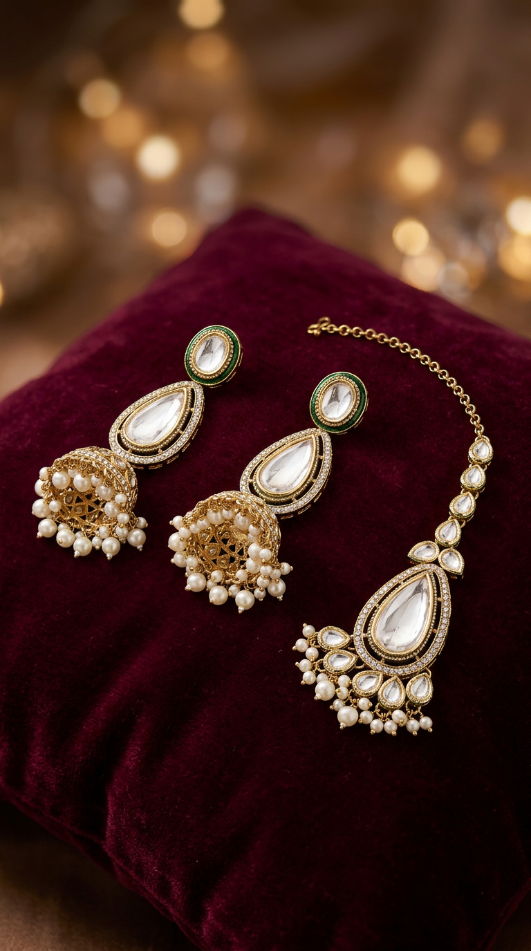 Zulekha Shvet Ratna Jhalar Bridal Set – white stone jhalar bridal necklace set