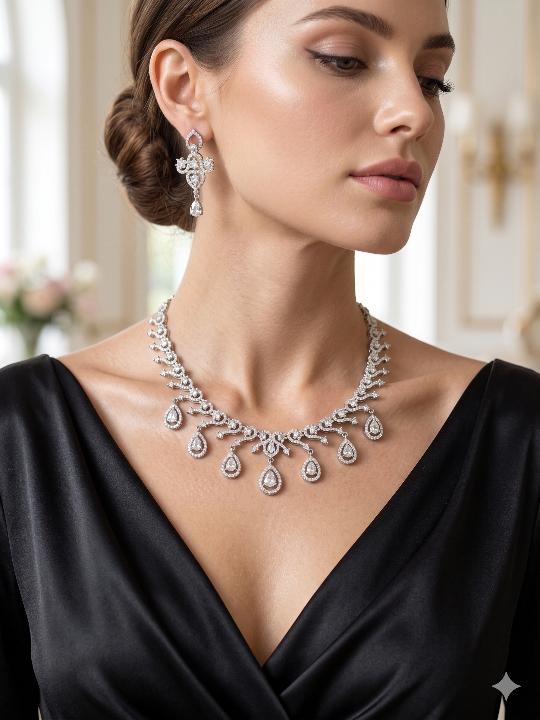 Zulekha Snowlace Diamond Set – white American Diamond necklace and earring set