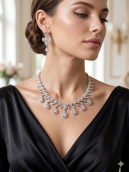 Zulekha Snowlace Diamond Set – white American Diamond necklace and earring set