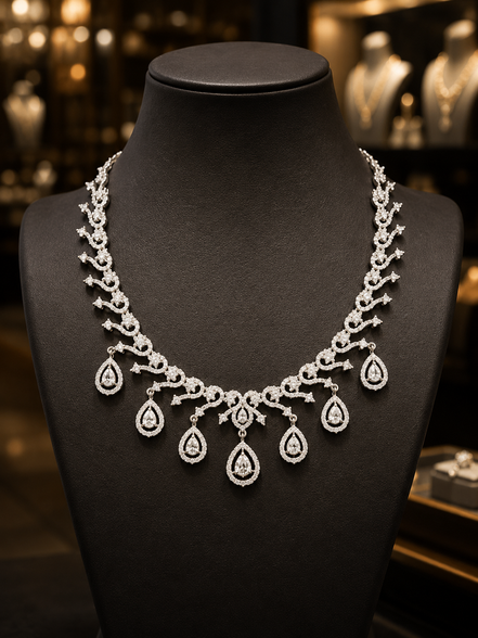 Zulekha Snowlace Diamond Set – white American Diamond necklace and earring set