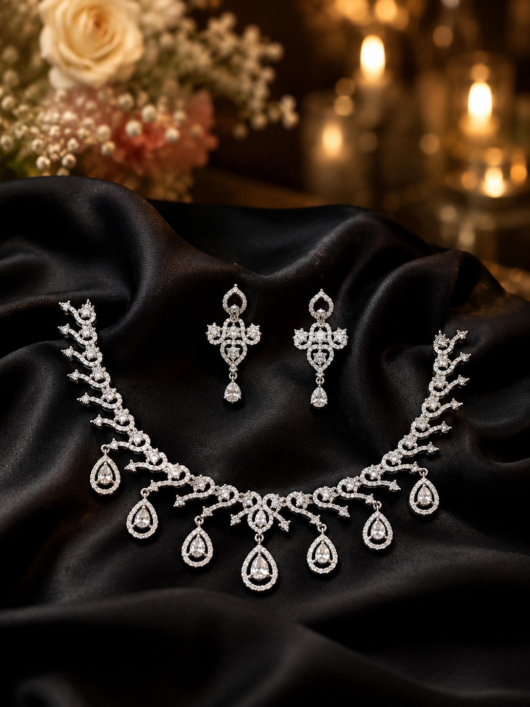 Zulekha Snowlace Diamond Set – white American Diamond necklace and earring set