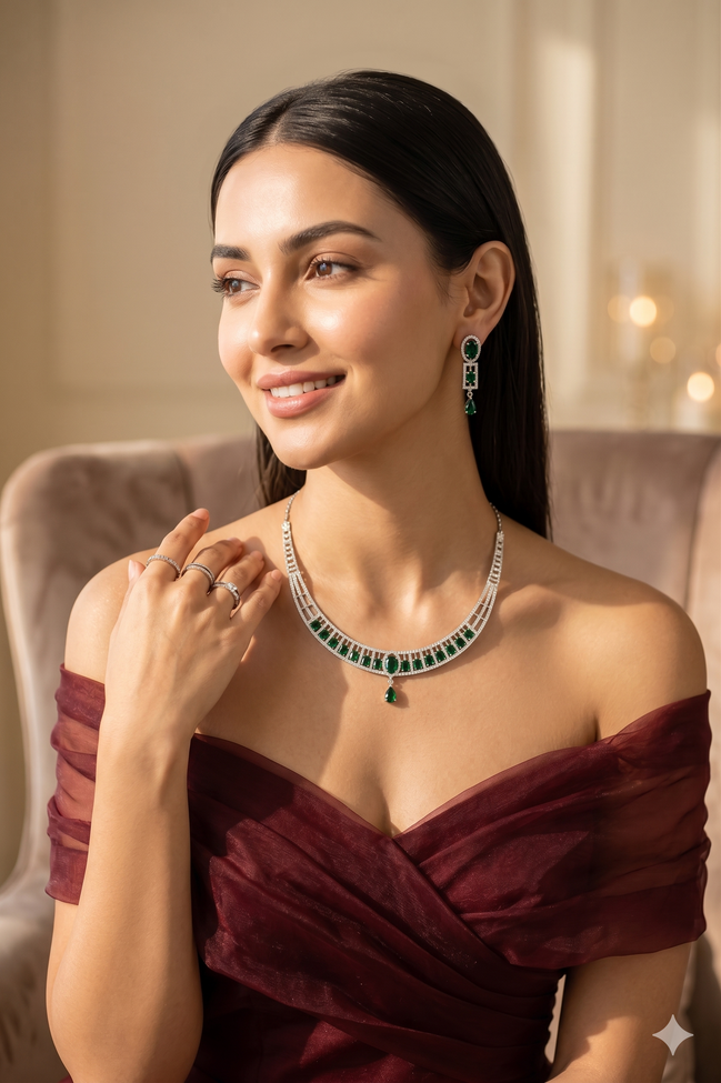 Zulekha Verdant Meridian Diamond Set – emerald green American Diamond necklace and earring set