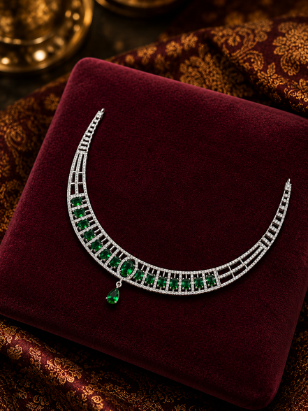 Zulekha Verdant Meridian Diamond Set – emerald green American Diamond necklace and earring set