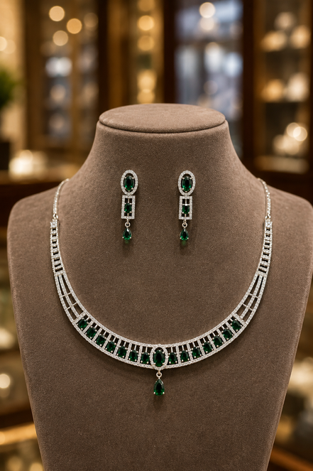 Zulekha Verdant Meridian Diamond Set – emerald green American Diamond necklace and earring set