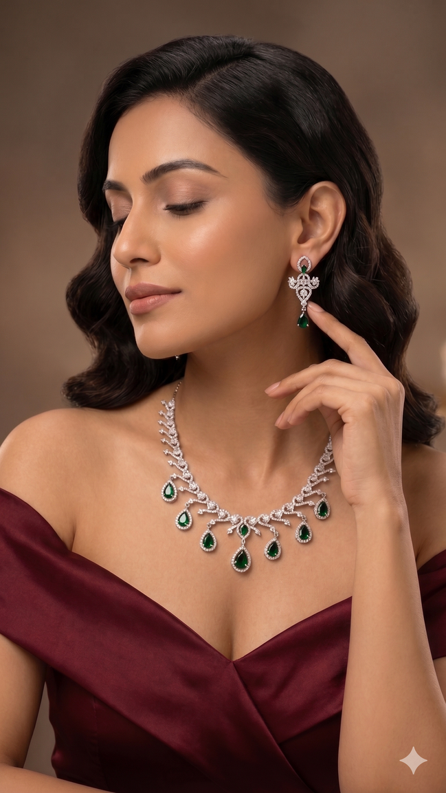 Zulekha Viridian Lace Diamond Set – green American Diamond necklace and earring set