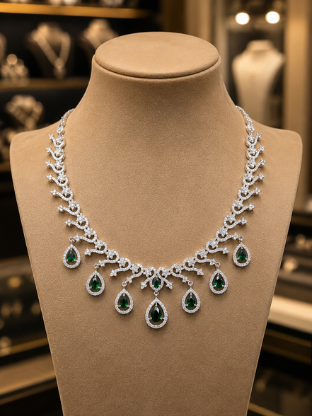 Zulekha Viridian Lace Diamond Set – green American Diamond necklace and earring set