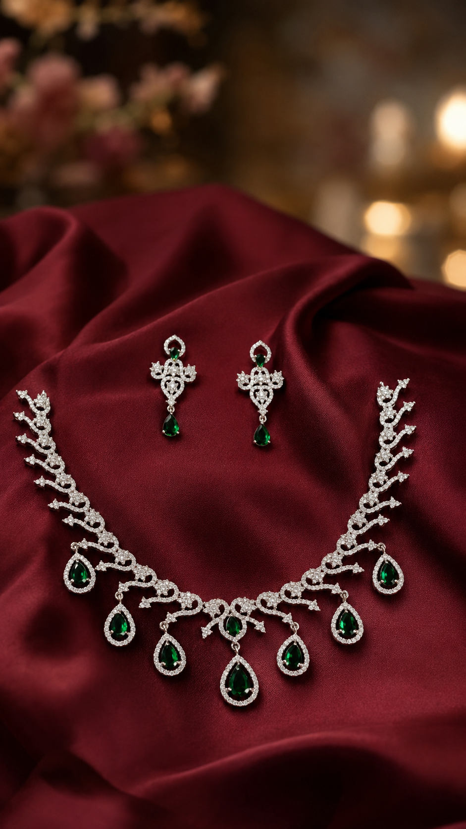 Zulekha Viridian Lace Diamond Set – green American Diamond necklace and earring set